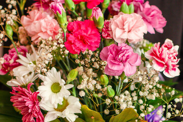 give a bouquet of beautiful flowers congratulations on valentines day or mothers day chrysanthemums, guards and other types of gift birthday background for text