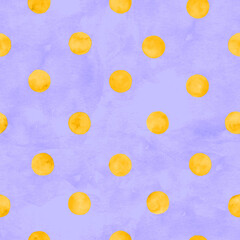 Polka dot watercolor seamless pattern. Abstract watercolour yellow color circles on purple background