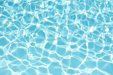 Water background, ripple and flow with waves texture. Summer blue swiming pool pattern. Sea, ocean surface. Overhead top view with place for text