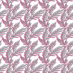 Abstract floral ornament. Hand drawn seamless pattern. Gray and mint leaves with pink shadow on white background. Wallpaper, wrapping, textile design