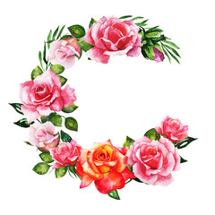 Wreaths, floral frames, watercolor flowers roses, Illustration hand painted. Isolated on white for greeting card design