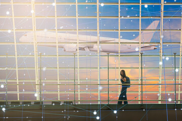 Traveler woman walking with backpack near window at the airport and airplane on background, Beautiful sun light and sky and Vector line. Concept of emotional travel around the world