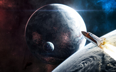 Space shuttle orbiting the planet. Deep space planets. Science fiction. Elements of this image furnished by NASA © Aaron Alien