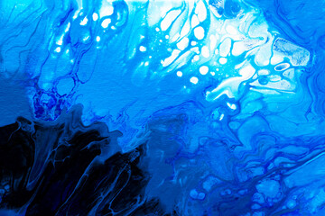 Drop of acrylic ink dissolved into water, close up view. Abstract background. Blue paint in liquid. Acrylic clouds swirling in water. Blue ink waves in liquid, abstract pattern. Blurred background