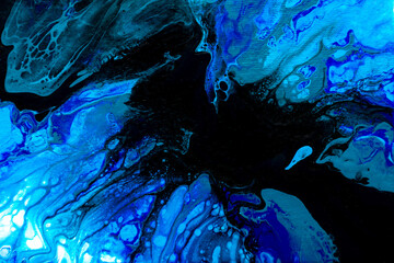 Abstract painting drawn by fluid acrylic technique. Picture with blue, green, emerald, colorful...