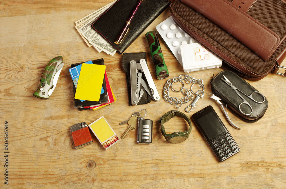 Wall mural Every day carry. A set of items for survival in the city.