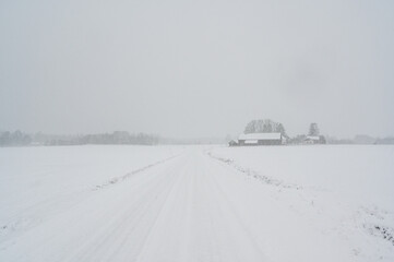 straight winter road covered in snow in Sweden