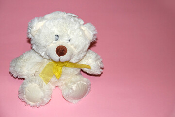 toy soft white bear on a pink background, copy space