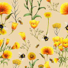 Hand drawn seamless pattern of summer wildflowers,Floral pattern