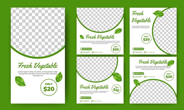 Set of Editable square banner template. Vegetable sale social media post design with green leaf decoration. Flat design vector with photo collage. Suitable for social media feed, story, and banner.