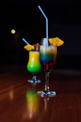 Alcoholic cocktail in a night bar close-up.