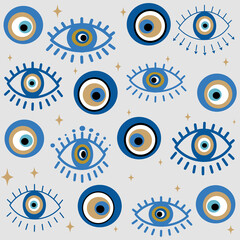 Cute seamless design vector pattern background illustration with greek evil eyes and stars 