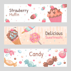 Sweets banners set. Candies, ice cream, strawberry muffin vector illustrations with text. Food and dessert concept for flyers and brochures design