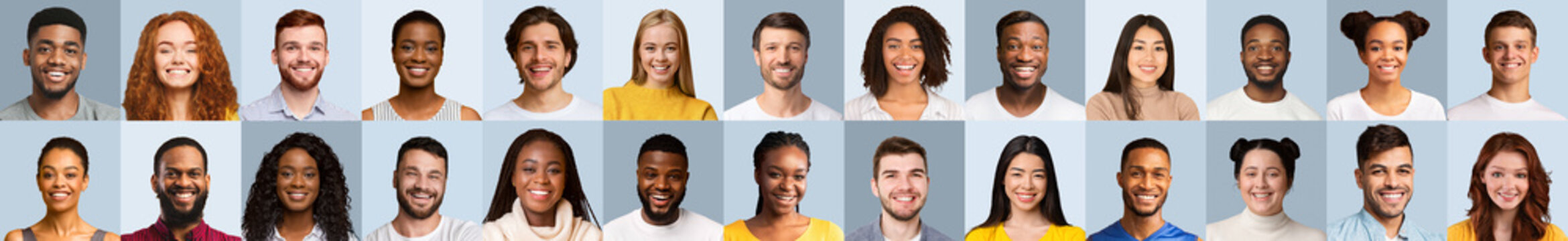 Range Of Diverse People Faces In Collage Over Blue Backgrounds