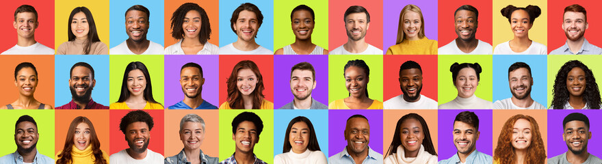 Fototapeta na wymiar Diverse Males And Females Smiling Faces Over Colorful Backgrounds, Collage