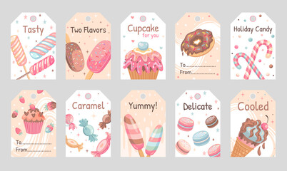 Sweets tags set. Lollypops, donuts, ice cream, macaroons vector illustrations with text. Food and dessert concept for confectionery labels and greeting cards design