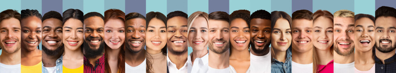 Row Of Multiethnic Ladies And Men Portraits On Colorful Backgrounds