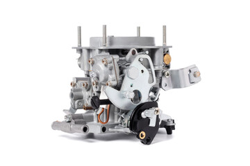 Car carburettor for internal combustion engine for mixing air with a fine spray of liquid fuel, isolated on white background. Automotive parts.