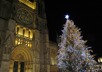Cathédrale Saint André de nuit avec sapin de Noël à Bordeaux, Gironde, France