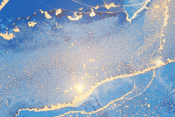 Navy blue and gold stone marble pattern with sparkles. Abstract vector background in alcohol ink technique. Modern paint with glitter. Template for banner, poster design. Fluid art painting