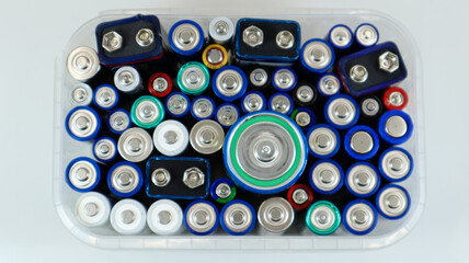 Clear plastic box full of used household AA alkaline and lithium-ion batteries collected for...