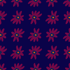 Vintage seamless nature pattern with pink flower silhouettes. Navy blue background.