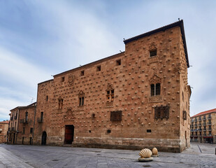 Facade of the Library called Casa de las Conchas, in the city of Salamanca, Castilla y León, Spain, photograph taken in winter 2020 (December-January)