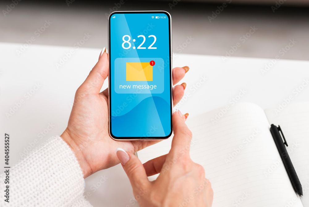 Poster Newsletter Concept. Woman Using Smartphone With New Mail Notification Icon On Screen