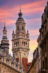 Fototapeta na wymiar The belfry of the Chamber of Commerce in Lille, France