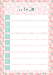 To Do List. Notebook page on a background of a cute strawberry pattern. Vector 10 ESP.