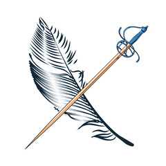 vector illustration of a feather and a sword crossed each other, on white background. Ideal design for chivalry and adventure comics.