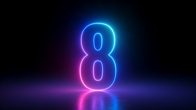 3d render, number eight glowing in the dark, pink blue neon light