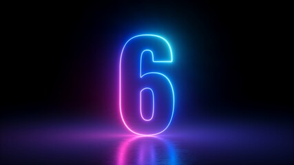 3d render, number six glowing in the dark, pink blue neon light - obrazy, fototapety, plakaty