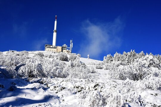 Landscape in winter in the Mont Pilat Natural Park, Loire in France.
Sport Hikers.