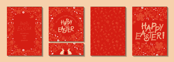 Modern universal artistic templates and seamless pattern. Happy Easter Holiday cards and banners. Floral frames and backgrounds design. Wishes happiness, health and good luck. Vector illustration.