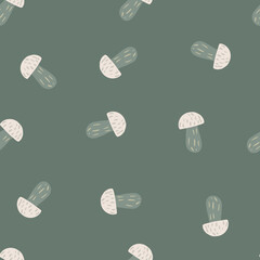 Abstract seamless fall pattern with random doodle mushroom ornament. Green pastel background.