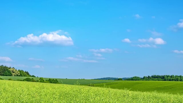 Green hillside and white clouds in blue sky, time-lapse