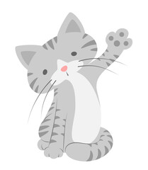 Cute Little Tabby Cat Waving Paw Saying Hello Flat Design