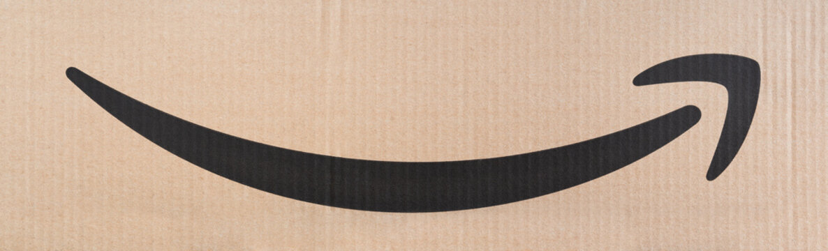 BAYONNE, FRANCE - CIRCA JANUARY 2021: Panoramic shot of Amazon logo on Amazon Prime shipping box.