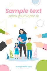 Single mother social problems. Hands of people pointing at woman with three kids flat vector illustration. Mom with many children, motherhood concept for banner, website design or landing web page