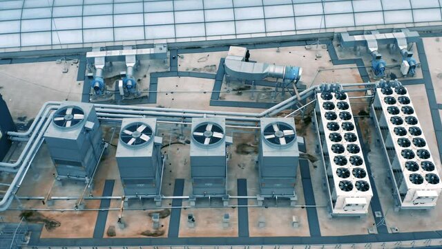 Heating, ventilation and air conditioning systems installed on the rooftop. Aerial view