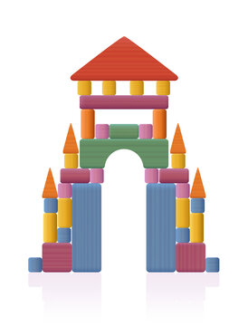 Portal, gate, thoroughfare built of wooden toy blocks. Many different natural wood elements - a typical childhood concentration game. Vector on white background.
