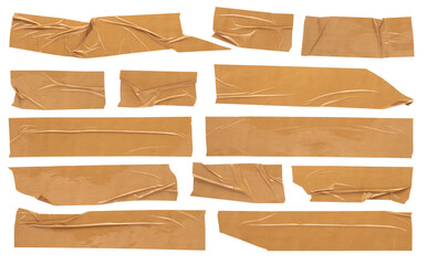Beige adhesive tape, set of crumpled torn pieces of sticky brown tape on white background