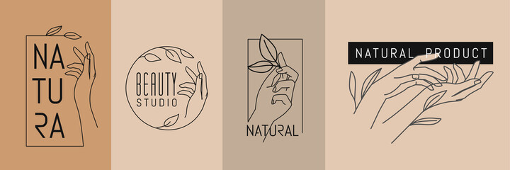 Female hands with leaves. Emblem for spa beauty salon and natural products