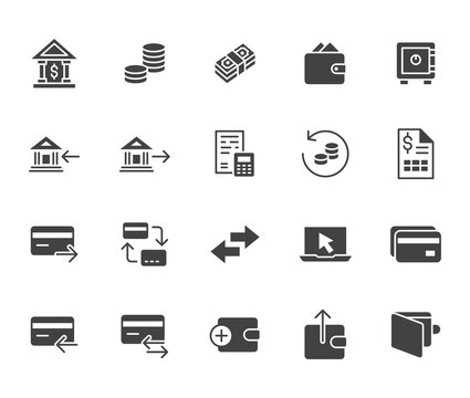Finance flat icon set. Money transfer, bank account, credit card payment cash back black minimal silhouette vector illustration. Simple glyph sign for online banking application