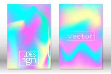 Hologram gradient background. Set of holographic cover. Iridescent graphic template for banner, invitation, mobile screen.