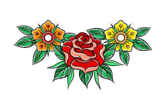 Old School Badge with Stylized Red Rose Bud Vector Illustration