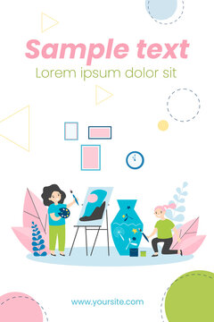 Happy artistic school students. Kids painting picture and decorating clay vase flat vector illustration. Drawing studio, workshop concept for banner, website design or landing web page