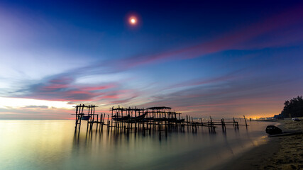 Fototapeta premium Morning view before sunrise Fishing boat's harbor service at Bang Hoi Beach, Songlkhla, Thailand..