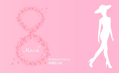 International women's day background with paper cut pink text 8 with small hearts and a confident girl of Vector